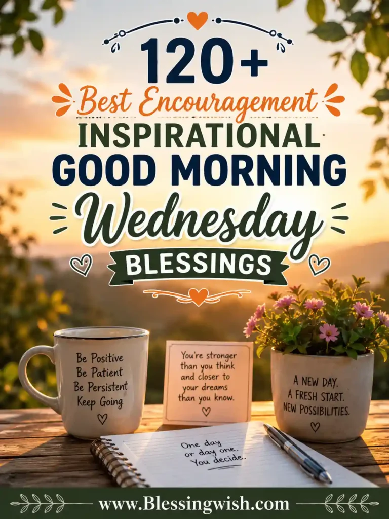 Inspirational Encouragement Inspirational Good Morning Wednesday Blessings poster with sunrise, coffee mug, flowers, motivational quotes, and www.Blessingwish.com footer.