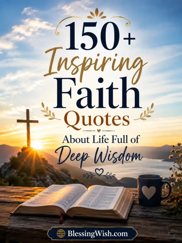 Inspiring Faith Quotes About Life, cross, sunrise over mountains, and deep wisdom message on a peaceful spiritual background.