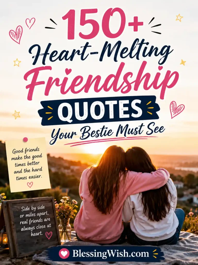 Two best friends hugging at sunset with heartwarming friendship quotes design and BlessingWish.com branding.