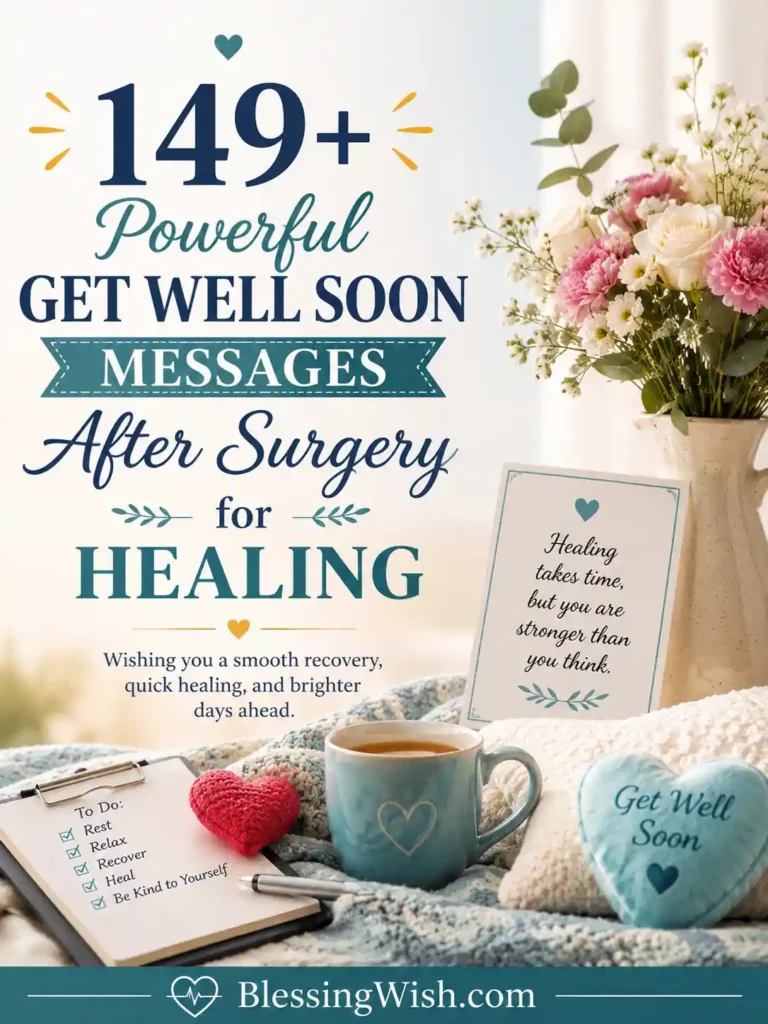 Get well soon message after surgery image with flowers, tea, blanket, and comforting healing wishes on a cozy recovery background. Get Well Soon Messages After Surgery