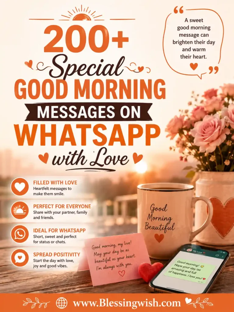 200+ Special Good Morning Messages on WhatsApp with Love featuring coffee, roses, smartphone chat, sunrise, and warm romantic design.