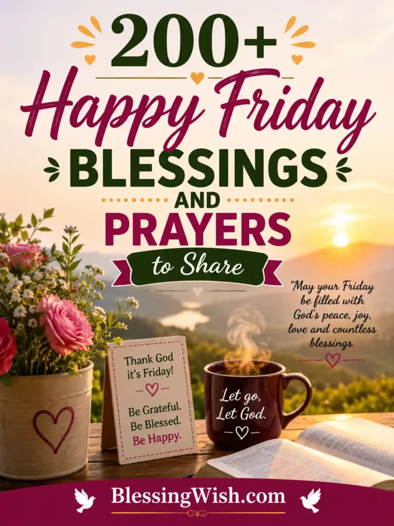Happy Friday blessings and prayers poster with sunrise view, flowers, coffee mug, Bible, and inspirational faith-filled message.