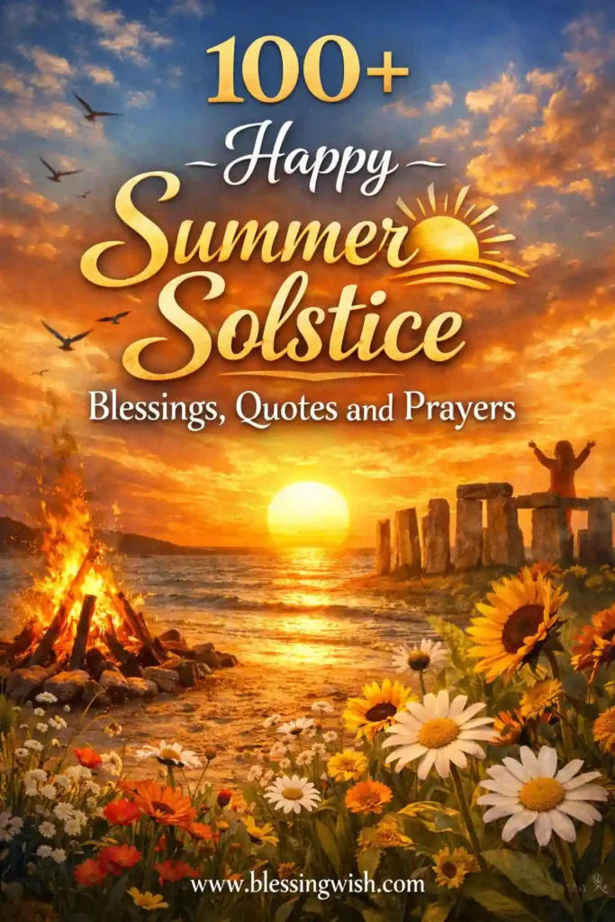 Happy Summer Solstice blessings graphic with golden sunset, wildflowers, bonfire, and inspirational typography celebrating quotes and prayers.