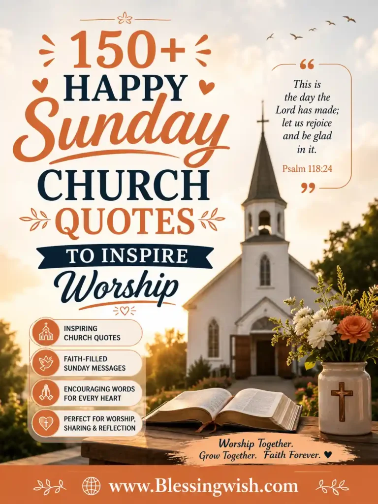 150+ Happy Sunday Church Quotes to Inspire Worship with a peaceful church, open Bible, sunrise, and www.Blessingwish.com footer.