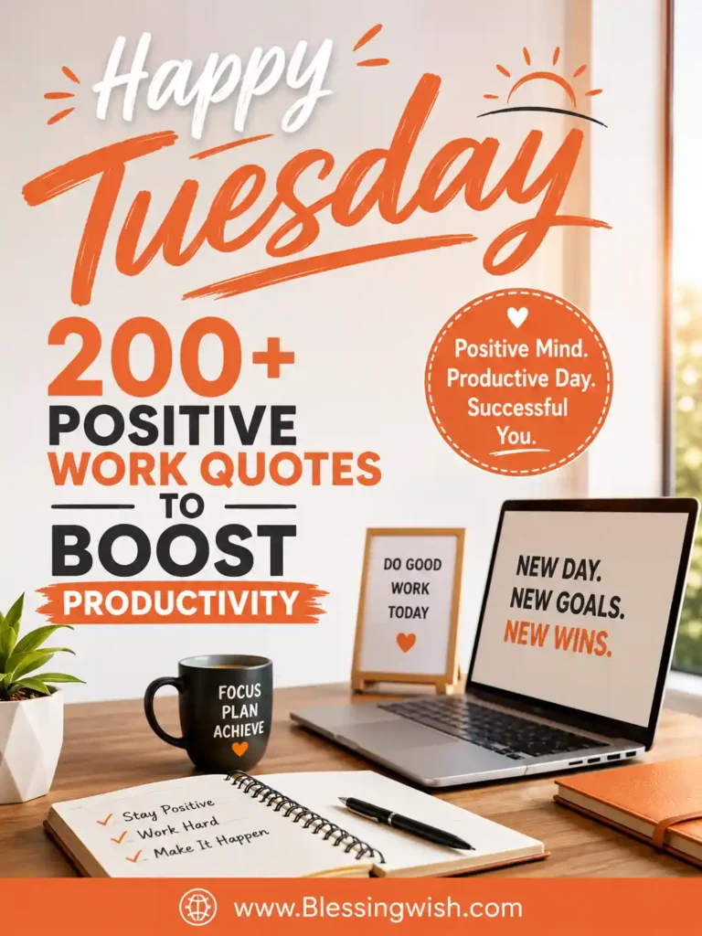 Happy Tuesday positive work quotes poster with modern office desk, laptop, notebook, and productivity motivation theme.