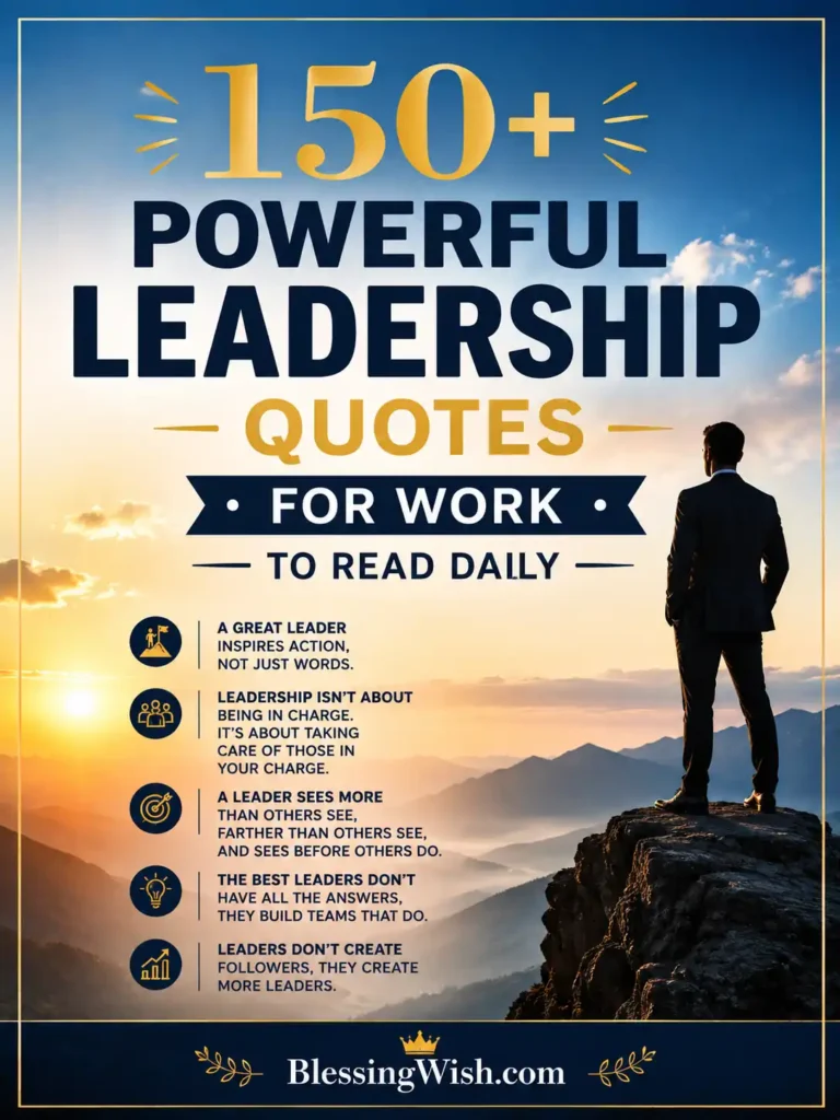 150+ powerful leadership quotes for work to read daily, featuring a business leader on a mountain peak at sunrise with motivational design.