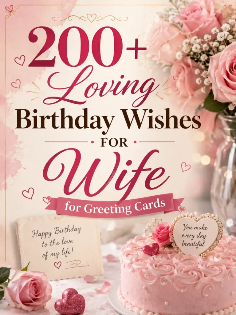 200+ loving birthday wishes for wife greeting cards with pink roses, heart-shaped cake, romantic decor, and elegant typography.
