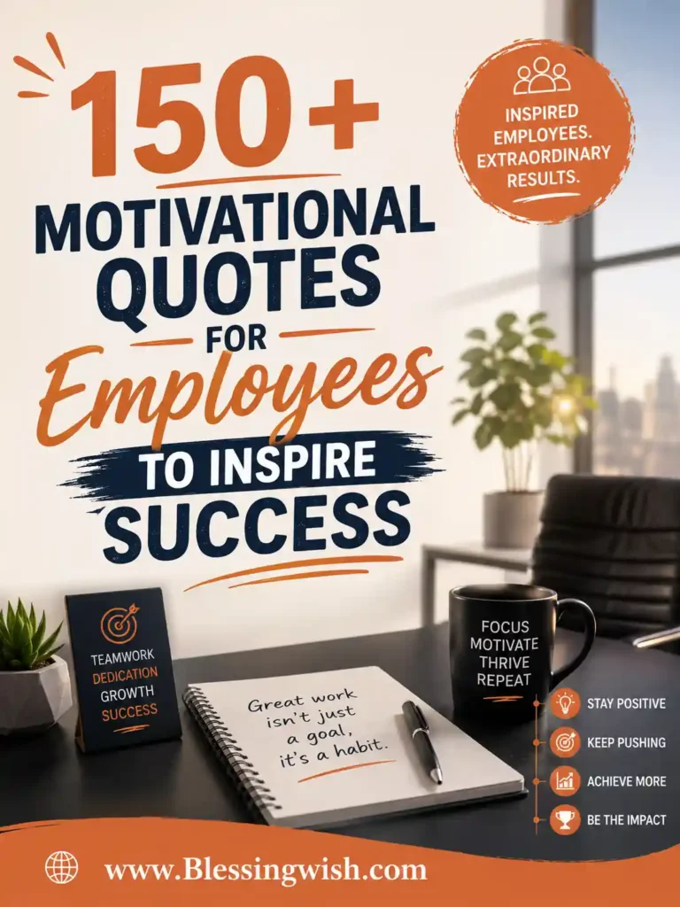 150+ motivational quotes for employees to inspire success with modern office desk, inspiring typography, and orange professional design.