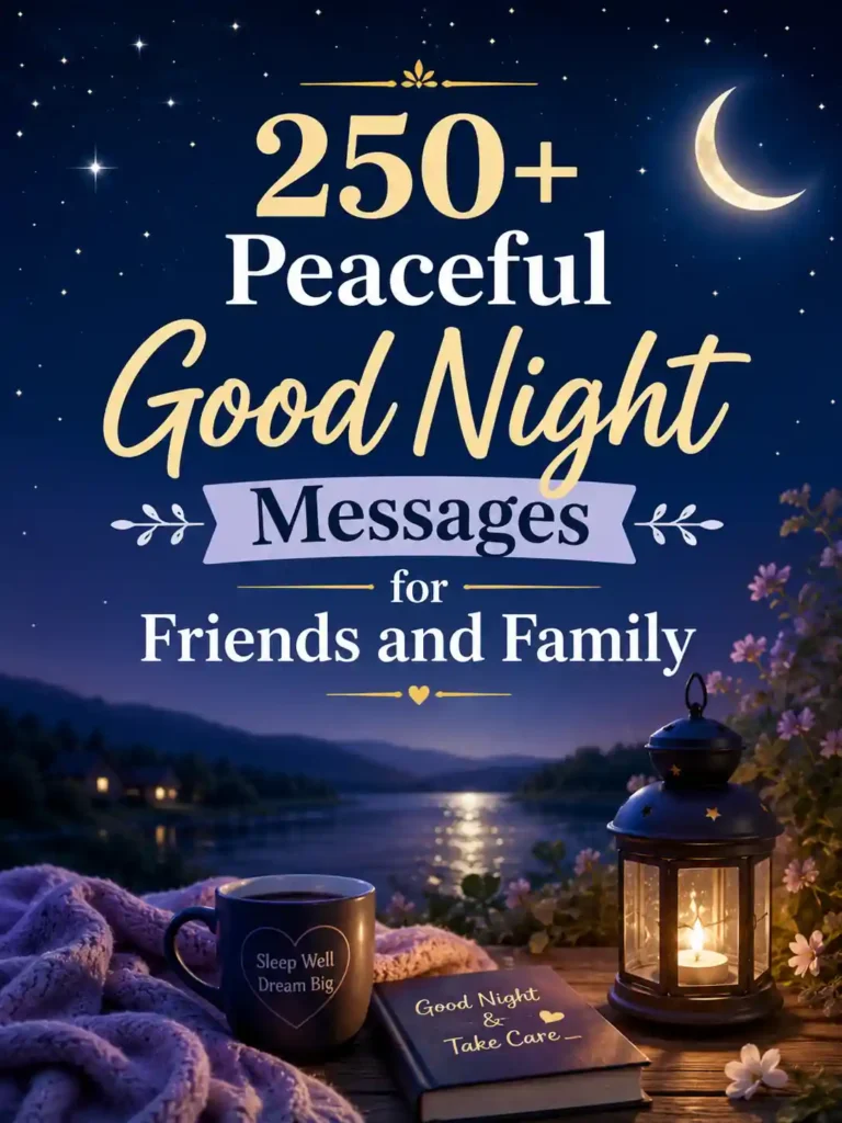 Peaceful good night messages for friends and family with moonlit lake, glowing lantern, cozy blanket, and starry night sky.
