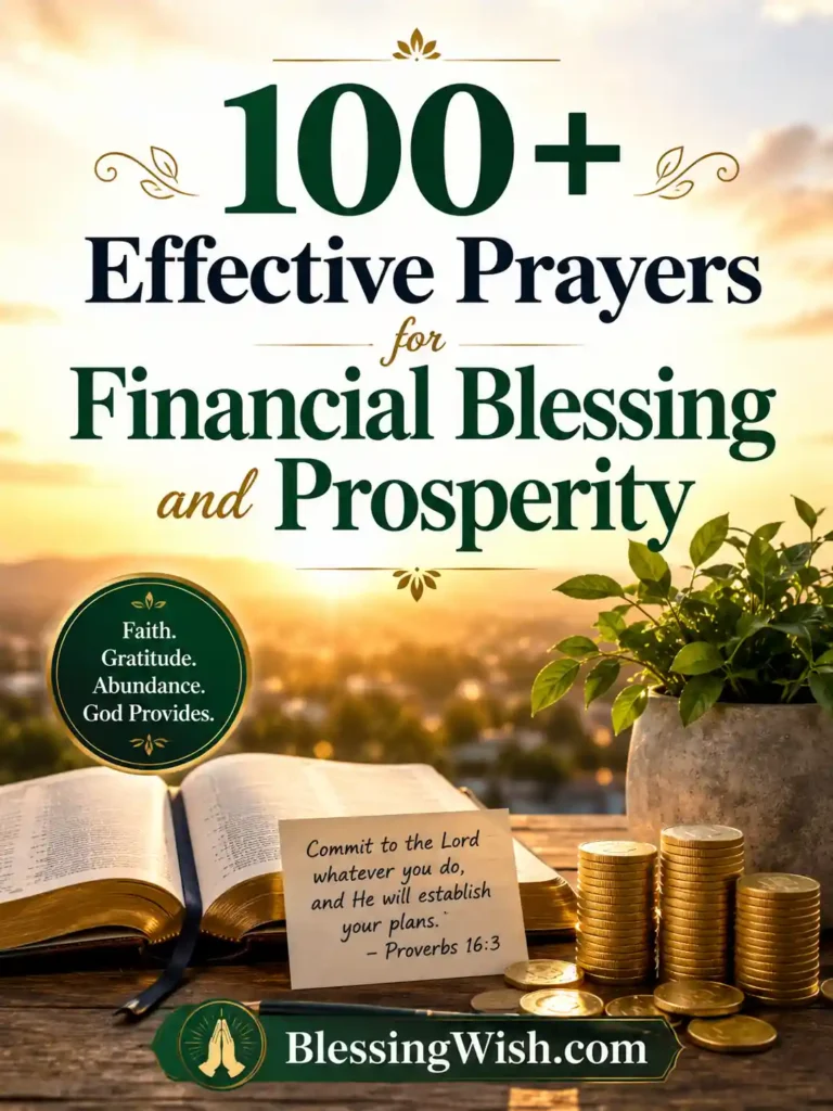 100+ Effective Prayers for Financial Blessing and Prosperity with Bible, gold coins, green plant, and sunrise background.