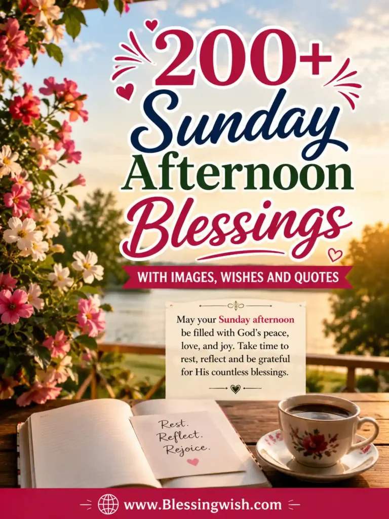 Sunday afternoon blessings image with flowers, coffee cup, peaceful lake view, inspiring wishes, quotes, and BlessingWish.com footer.