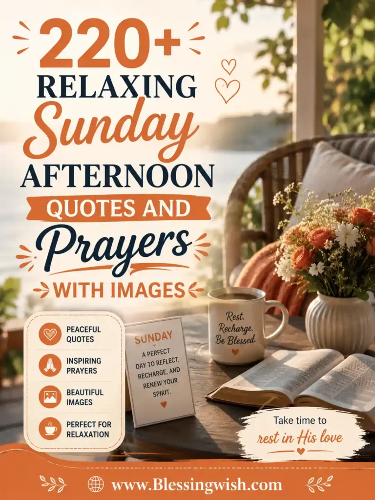 Alt Text (under 150 characters): Relaxing Sunday afternoon quotes and prayers with cozy porch, coffee, flowers, open Bible, and peaceful lake view.