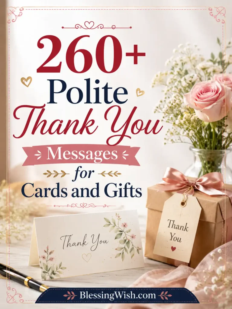 Polite thank you messages for cards and gifts with elegant flowers, thank-you card, wrapped gift box, and soft pastel background.