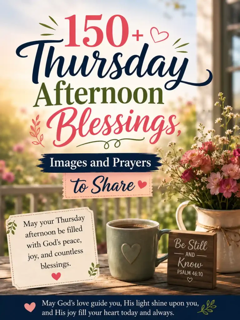 Thursday afternoon blessings graphic with flowers, coffee mug, Bible verse, and uplifting prayers in a sunny garden setting.