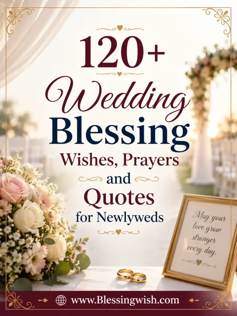 Wedding Blessing Wishes, prayers and quotes for newlyweds with elegant floral decor, wedding rings and romantic ceremony backdrop.
