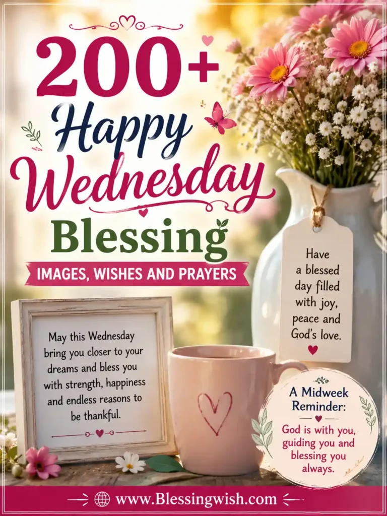 Happy Wednesday Blessing images with pink flowers, coffee mug, inspiring prayers, wishes, and blessings on a bright floral background.