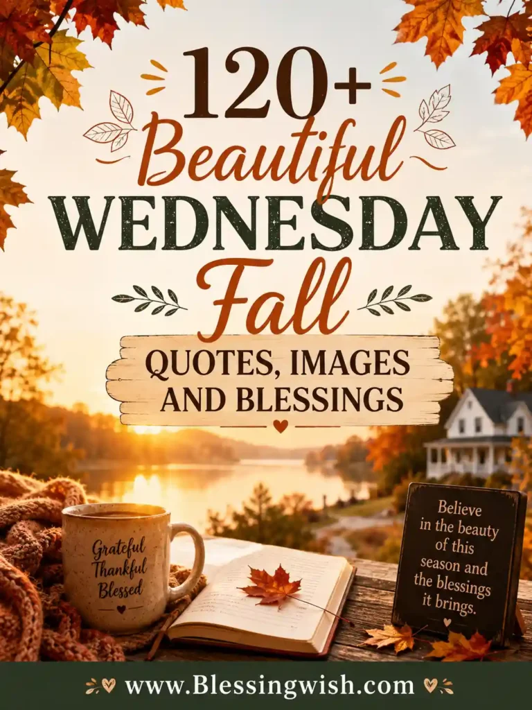 Beautiful Wednesday fall quotes, images and blessings with autumn leaves, cozy coffee, open book, lakeside sunrise and fall scenery.