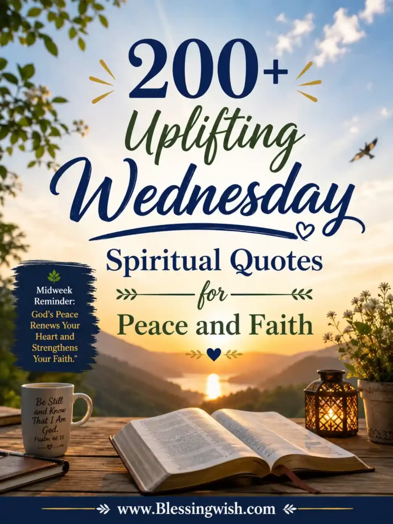 Uplifting Wednesday spiritual quotes for peace and faith with sunrise, open Bible, lantern, flowers, and www.BlessingWish.com.