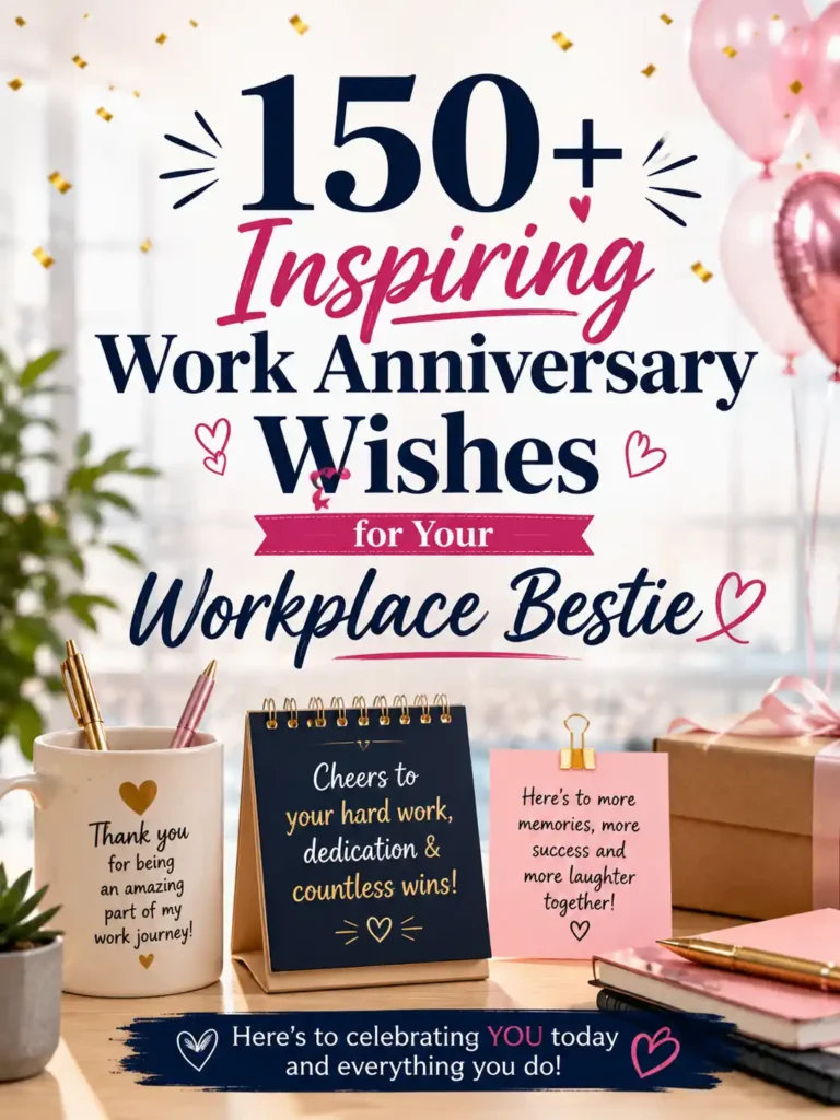 150+ inspiring work anniversary wishes for your workplace bestie with festive office decor, balloons, gifts, and celebration theme.