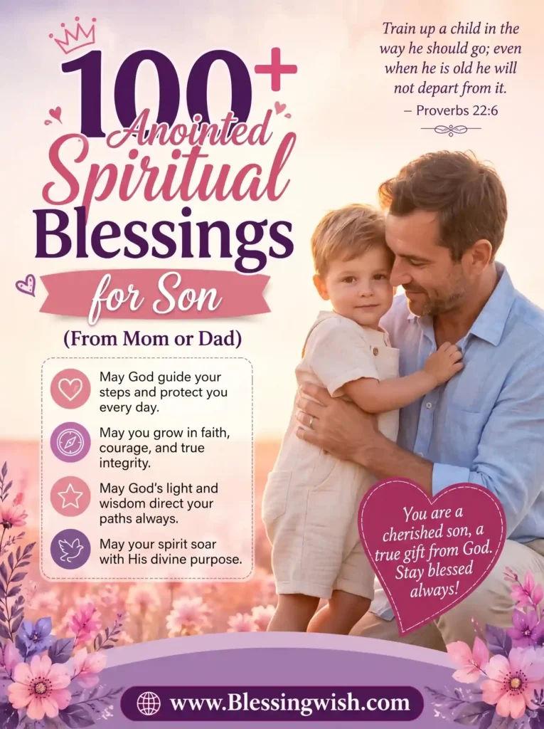 100+ anointed spiritual blessings for son from mom or dad with heartfelt prayers, Bible verse, and loving parent-child embrace.