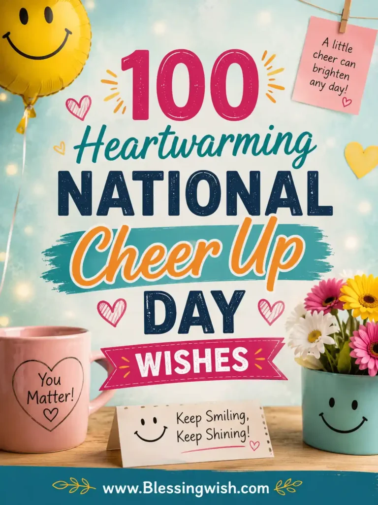 100 Heartwarming National Cheer Up Day Wishes poster with colorful smiley theme, flowers, uplifting decor, and www.BlessingWish.com footer.
