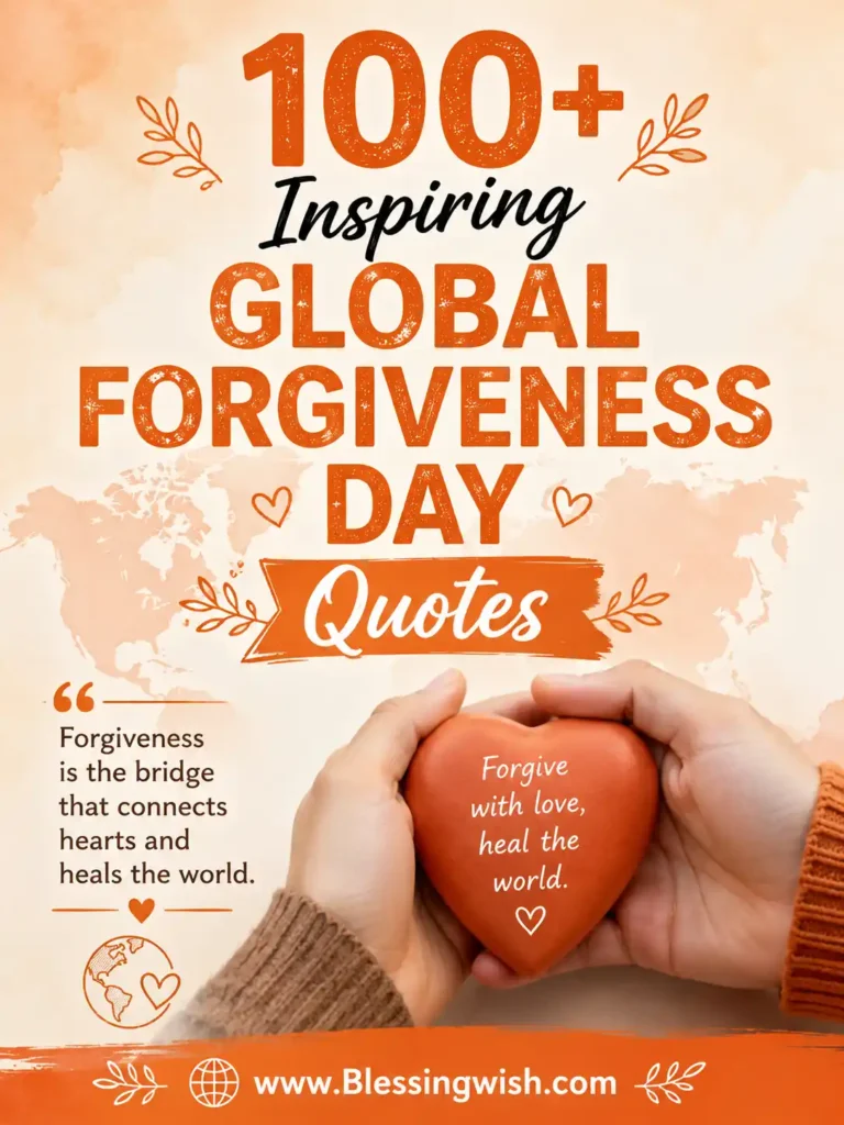 100+ Inspiring Global Forgiveness Day Quotes with heart, world map, warm orange design, and www.BlessingWish.com footer.
