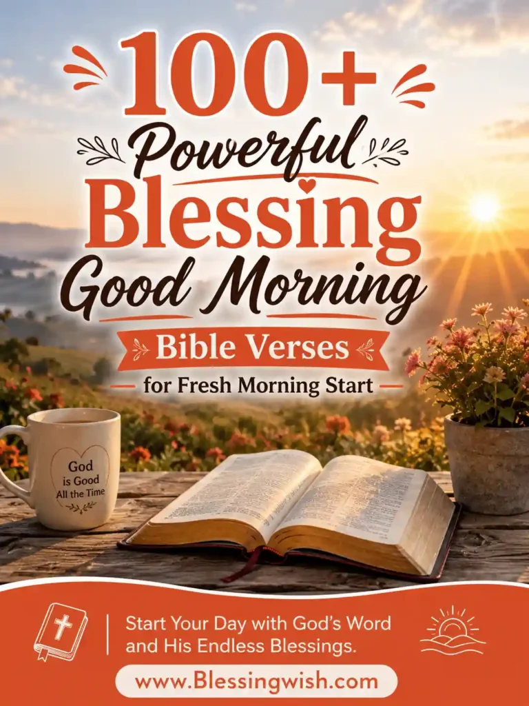 Powerful good morning Bible verses with sunrise, open Bible, coffee mug, and inspiring blessing message for a fresh morning start.
