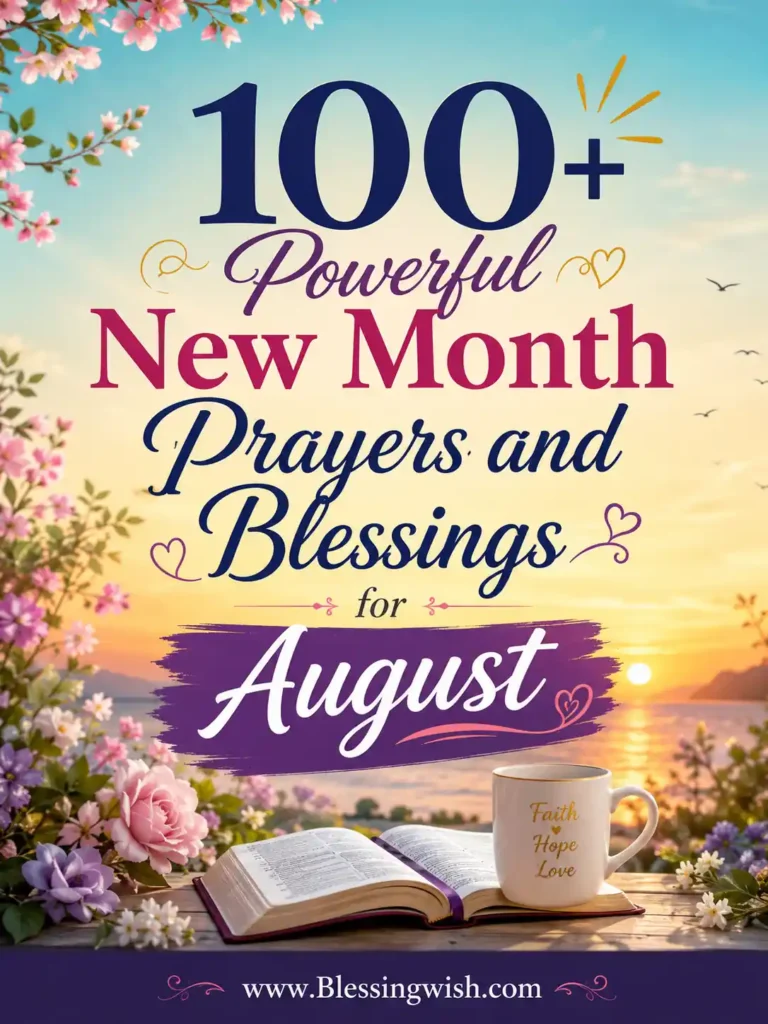 100+ Powerful New Month Prayers and Blessings for August with floral sunrise, Bible, coffee mug, and www.Blessingwish.com footer.