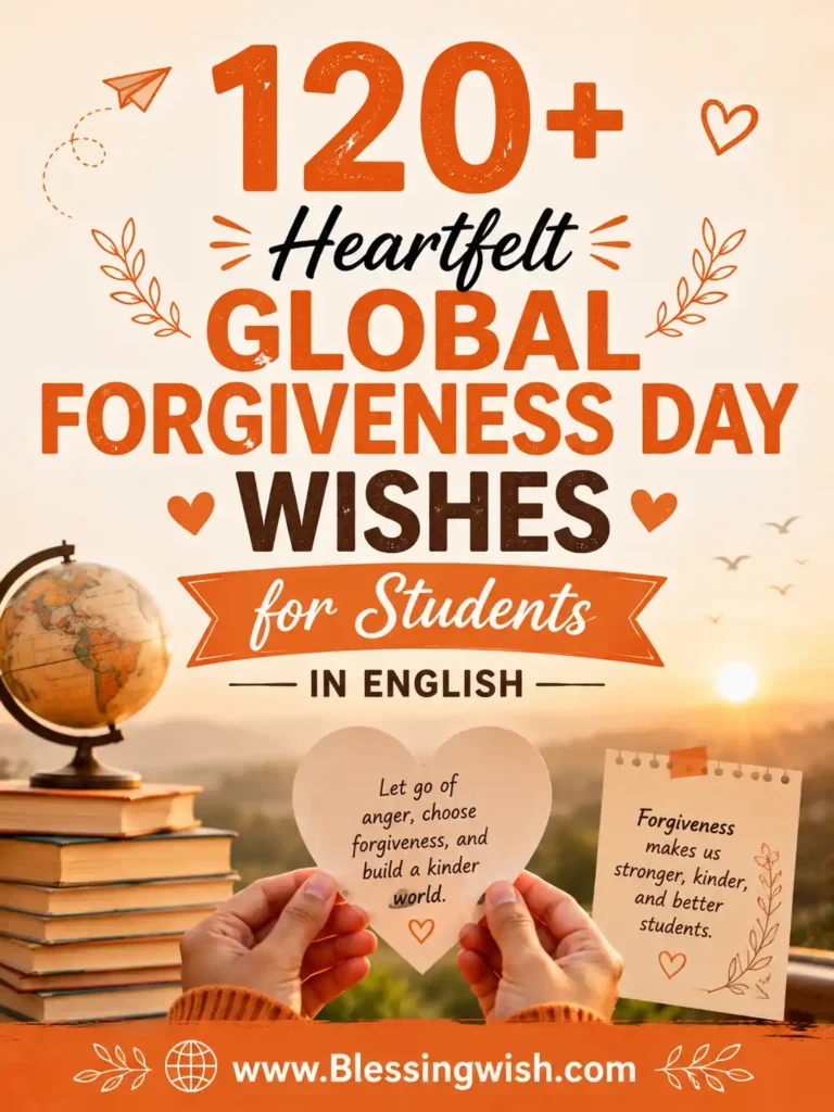 120+ Heartfelt Global Forgiveness Day Wishes for Students in English with books, globe, heart note, warm sunrise, and BlessingWish.com footer.
