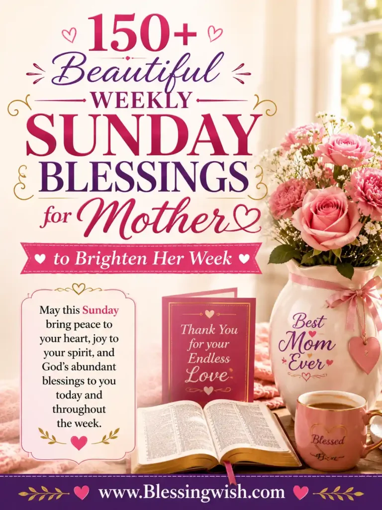 150+ beautiful weekly Sunday blessings for mother with flowers, Bible, heartfelt wishes, and a loving message to brighten her week.