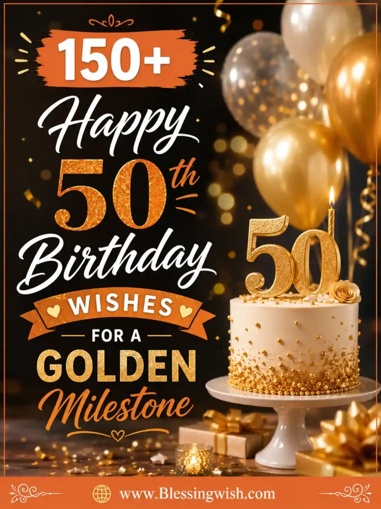 150+ Happy 50th Birthday Wishes for a Golden Milestone with elegant gold cake, balloons, gifts, and festive celebration design.