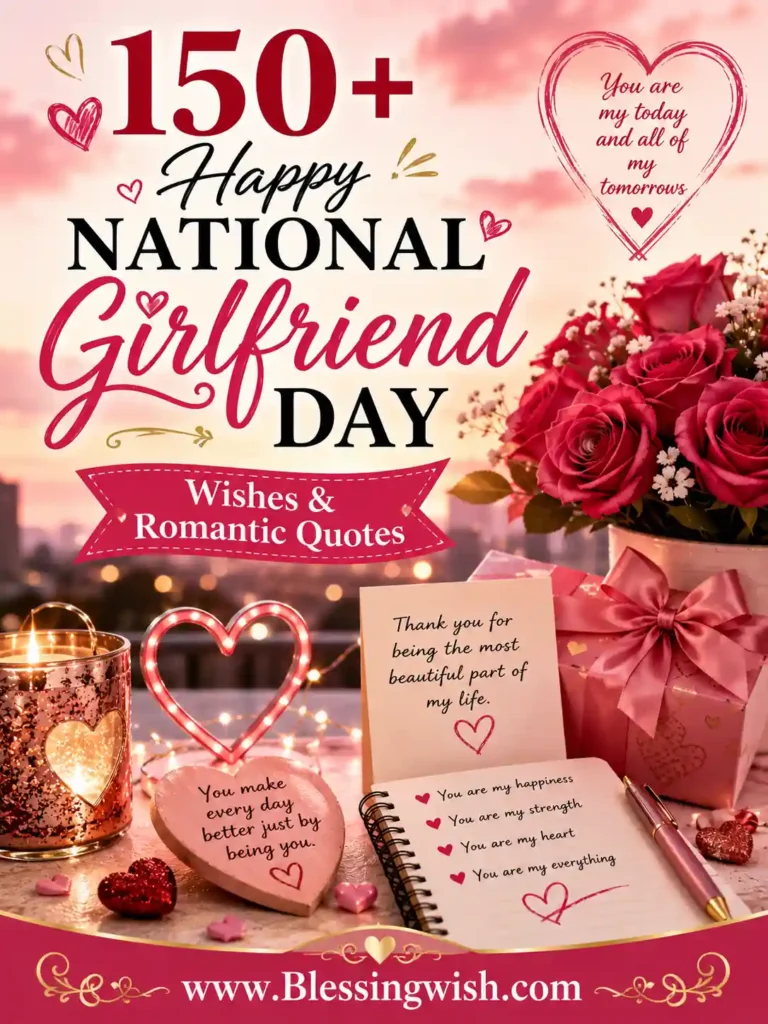 Happy National Girlfriend Day wishes image with romantic roses, gift box, love decor, heartfelt quotes, and elegant pink-themed design.