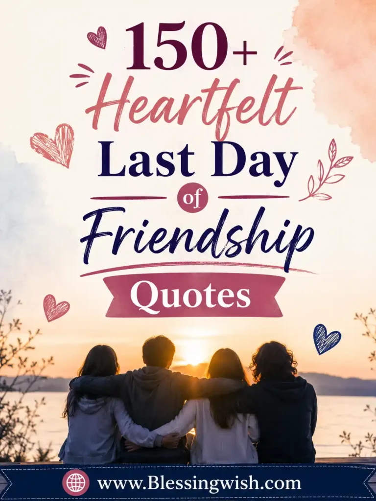 150+ Heartfelt Last Day of Friendship Quotes with friends watching a sunset, warm pastel colors, and www.BlessingWish.com footer.