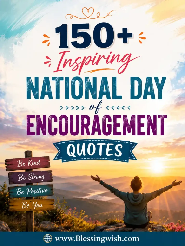 150+ Inspiring National Day of Encouragement Quotes poster with mountain sunrise, uplifting typography, and www.Blessingwish.com footer.