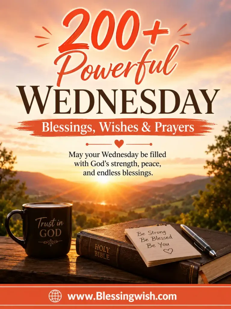 Happy Wednesday blessings with sunrise, Bible, coffee mug, powerful prayers, wishes, and faith-filled inspiration for a joyful midweek.