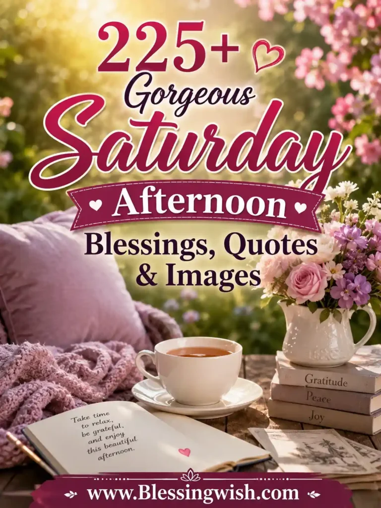 Gorgeous Saturday afternoon blessings image with flowers, tea, inspiring quotes, and peaceful garden scene for sharing love and positivity.