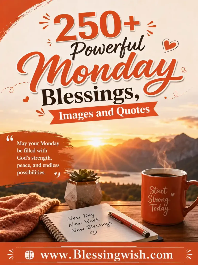 Powerful Monday blessings image with sunrise, inspirational quote, warm orange theme, and faith-filled design for hope, strength, and new beginnings.