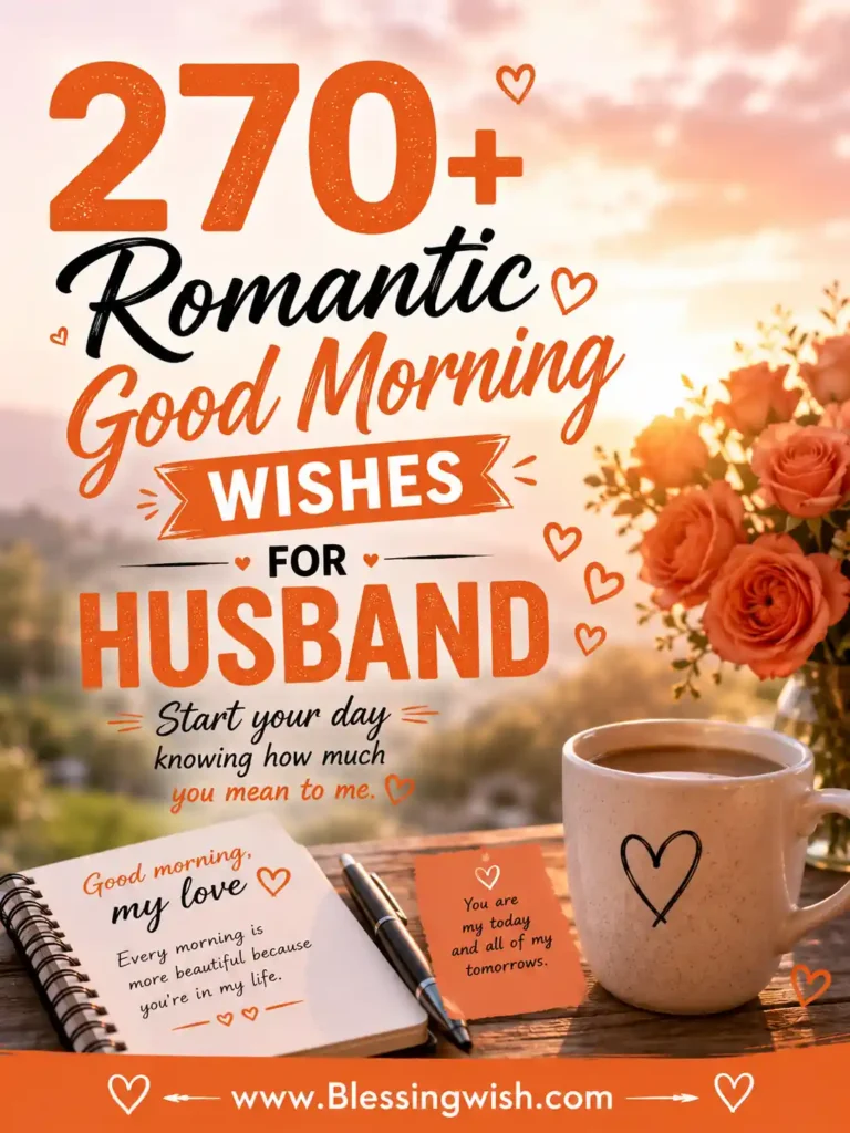 270+ Romantic Good Morning Wishes for Husband Romantic good morning wishes for husband with roses, coffee, sunrise, and heartfelt love message in warm orange tones.