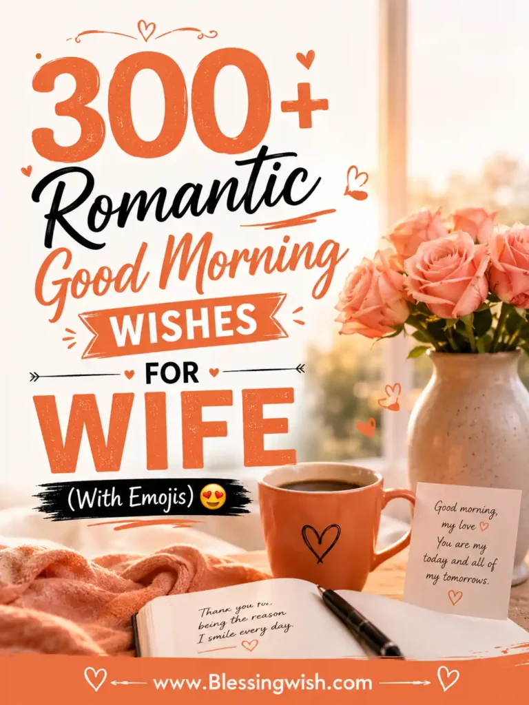 300+ Romantic Good Morning Wishes for Wife (With Emojis) 300+ romantic good morning wishes for wife with emojis, featuring roses, coffee, love note, and warm sunrise in orange tones.