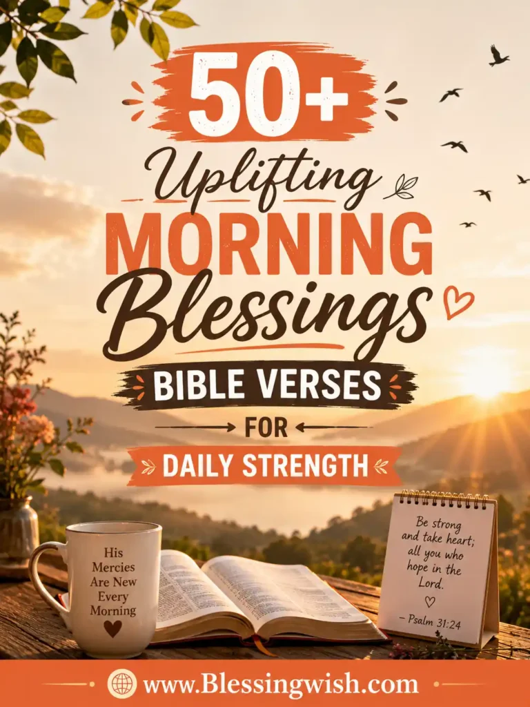 50+ Uplifting Morning Blessings Bible Verses for Daily Strength with sunrise, open Bible, coffee mug, and www.BlessingWish.com.