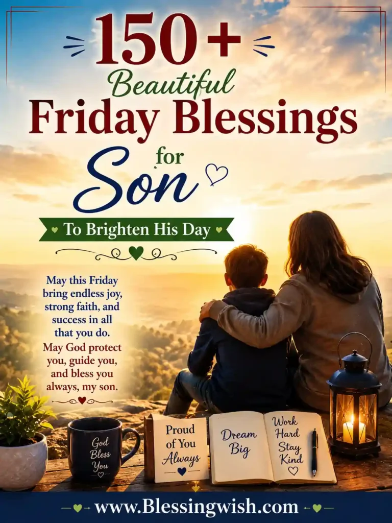 Beautiful Friday blessings for son with heartfelt prayers, inspiring wishes, warm sunrise, and faith-filled message to brighten his day.