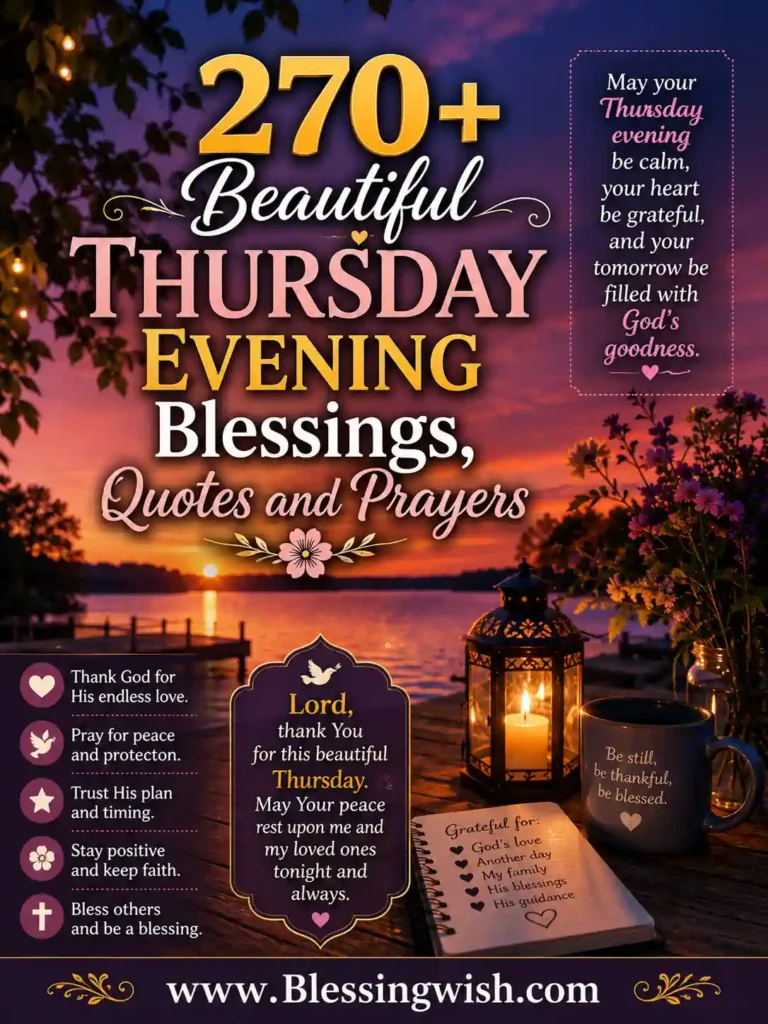 Beautiful Thursday evening blessings with sunset, quotes, prayers, peaceful lantern scene, and faith-inspired design for encouragement.