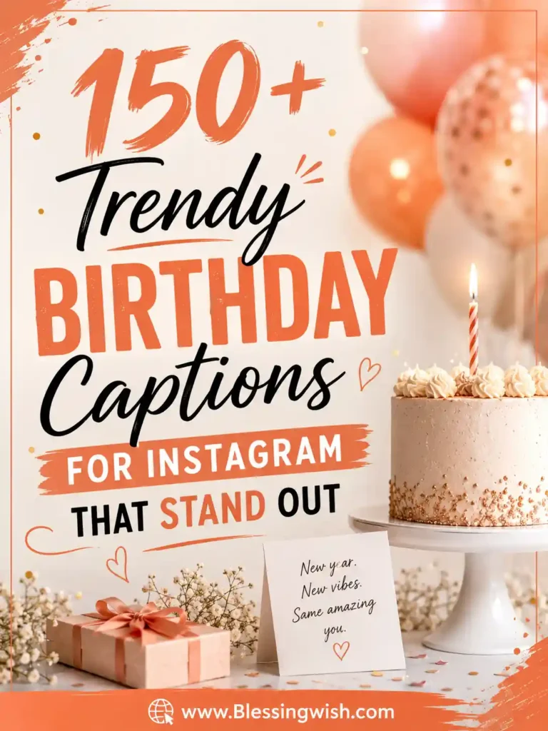 150+ Trendy Birthday Captions for Instagram That Stand Out with stylish birthday cake, balloons, gifts, and www.BlessingWish.com branding.