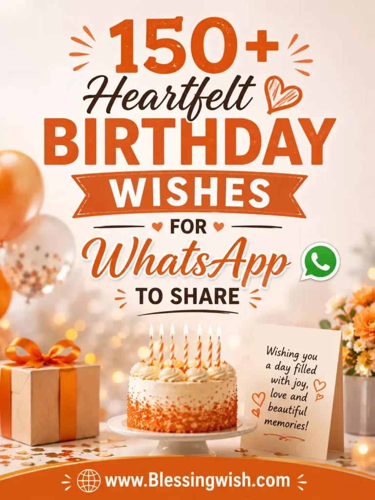 150+ heartfelt birthday wishes for WhatsApp with birthday cake, balloons, gift box, festive orange theme, and www.BlessingWish.com footer.