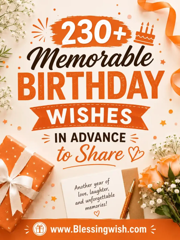 230+ memorable birthday wishes in advance with gift box, flowers, confetti, and orange festive design featuring www.BlessingWish.com.