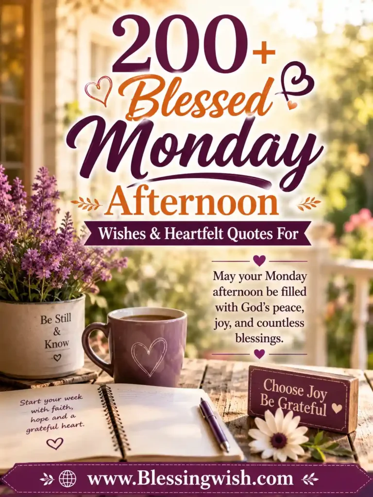 Beautiful Blessed Monday Afternoon wishes and heartfelt quotes with peaceful coffee, flowers, and inspiring Christian blessings.
