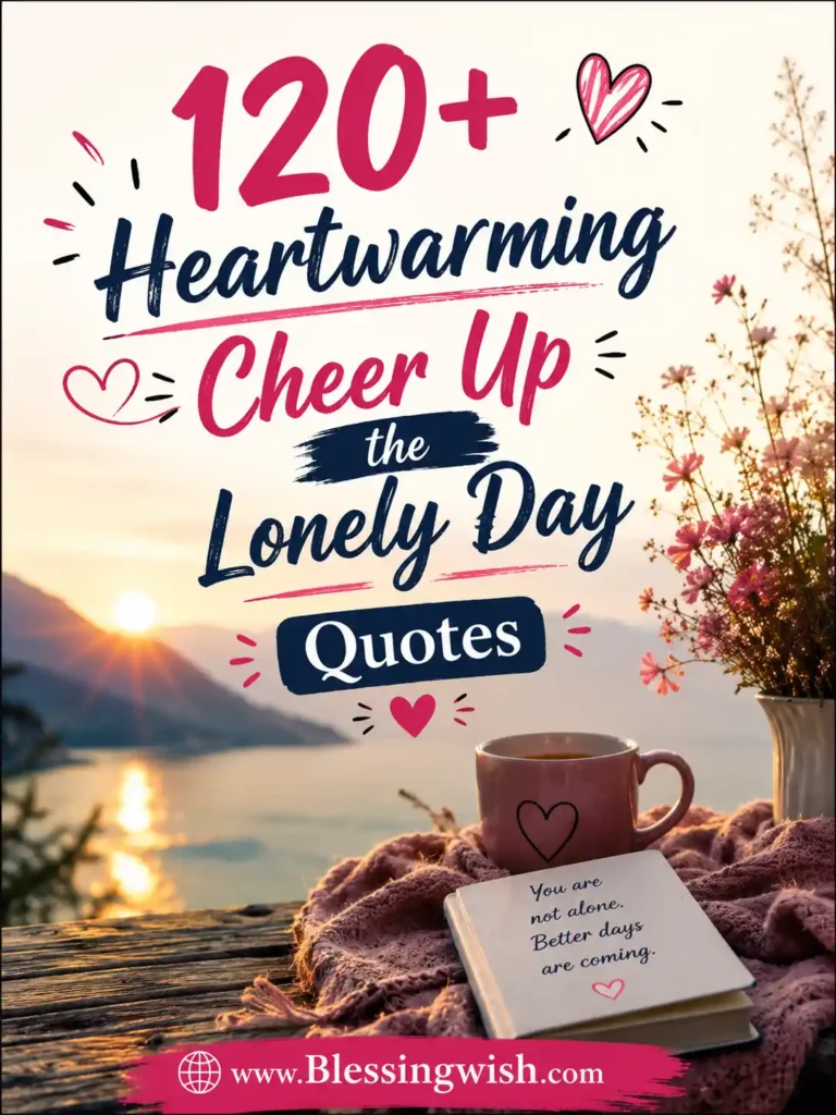 120+ heartwarming cheer up the lonely day quotes with cozy sunrise, coffee mug, flowers, and uplifting design by www.BlessingWish.com