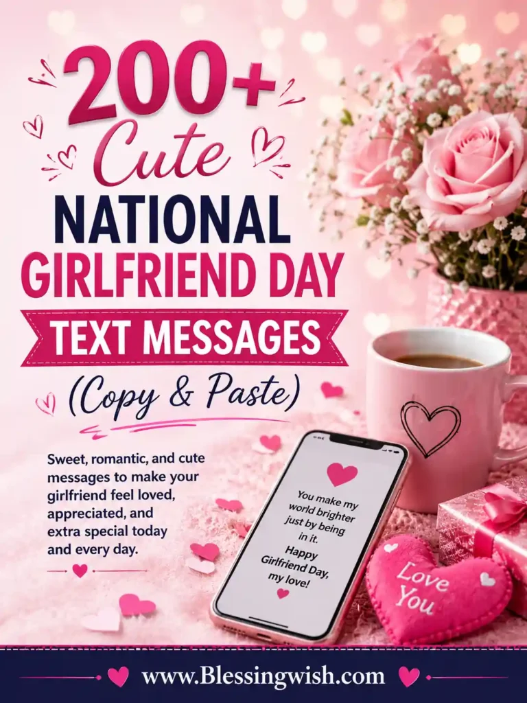 Cute National Girlfriend Day text messages cover with pink roses, smartphone, coffee mug, romantic gifts, and Copy & Paste message ideas.