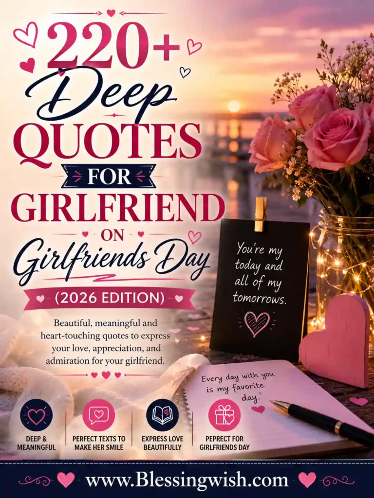220+ deep quotes for girlfriend on Girlfriends Day 2026, featuring romantic roses, hearts, sunset, and heartfelt love messages.