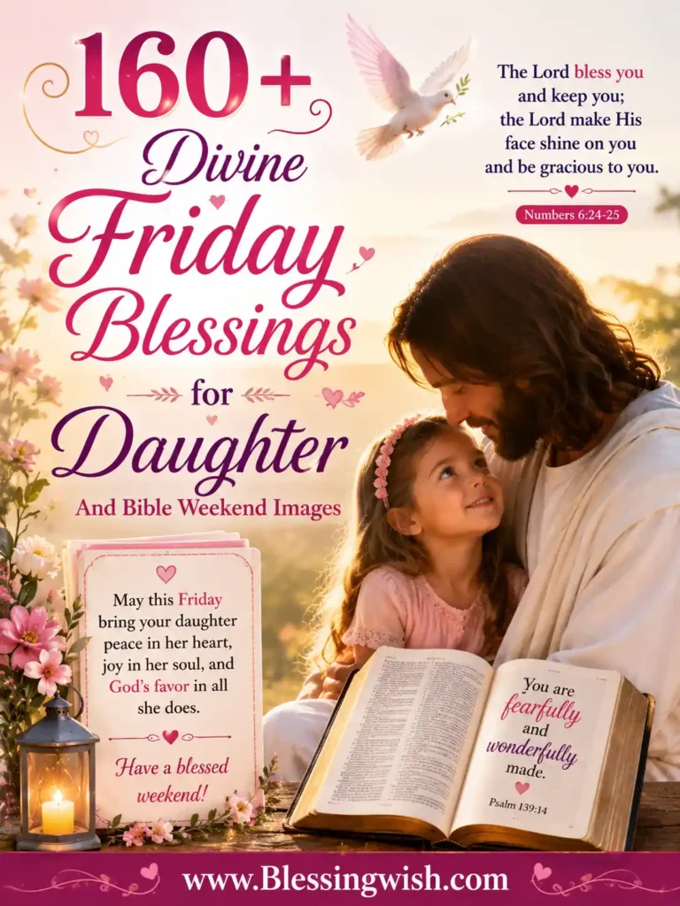 Divine Friday blessings for daughter with Bible, loving parent-child scene, faith-filled weekend wishes, prayers, and floral background.